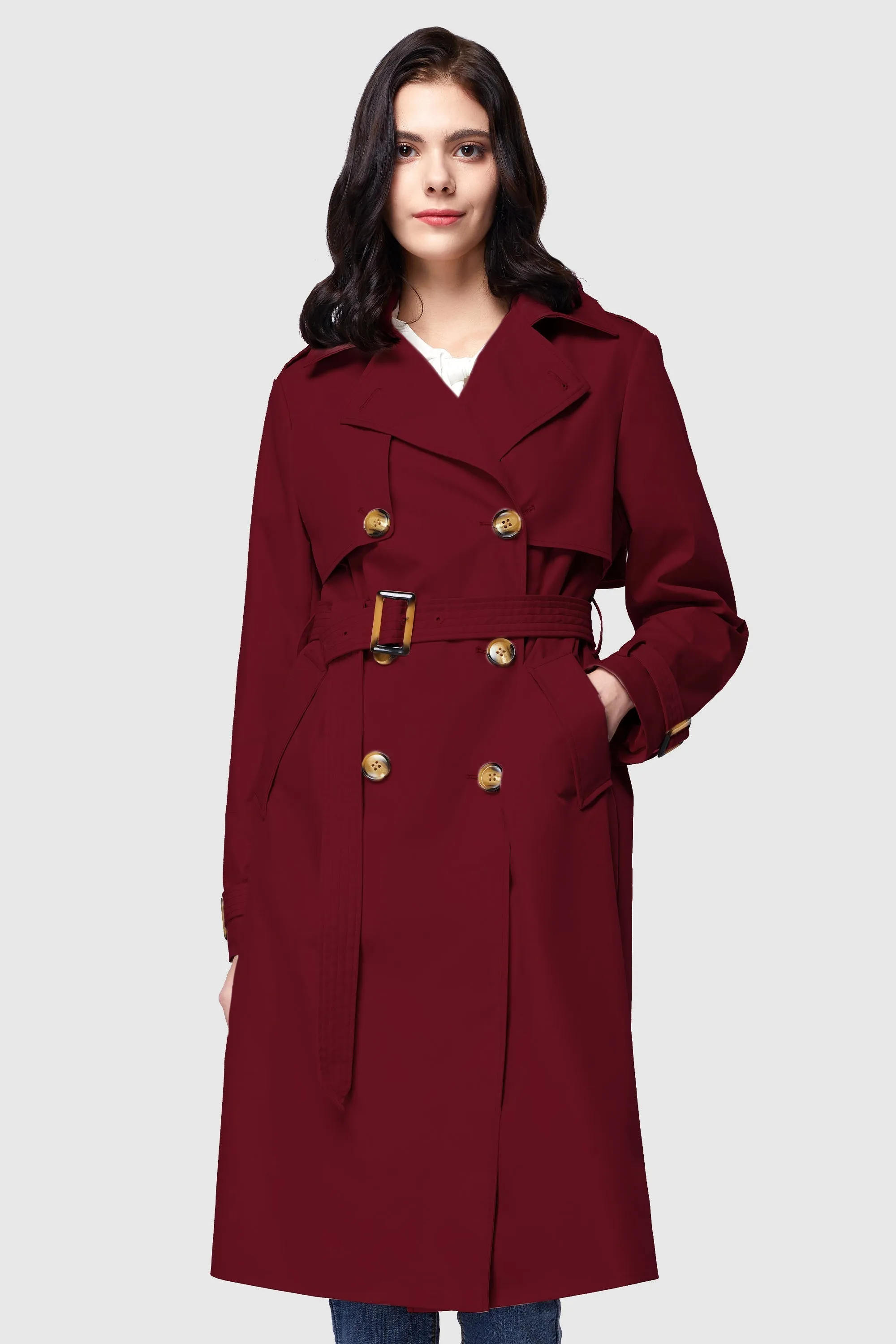 3/4 Length Belted Double-Breasted Trench Coat