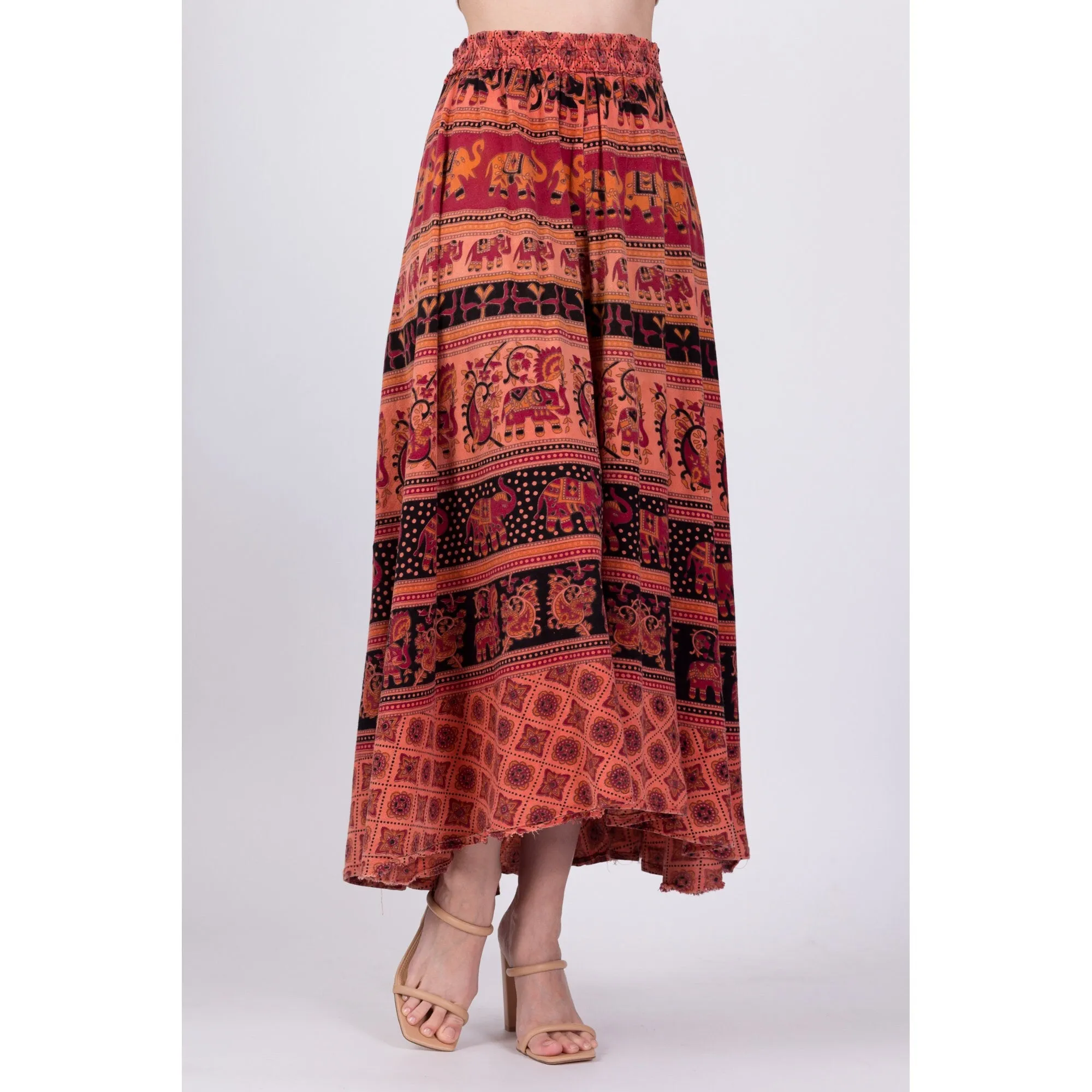 70s Boho Indian Block Print High-Low Skirt - Small to Medium