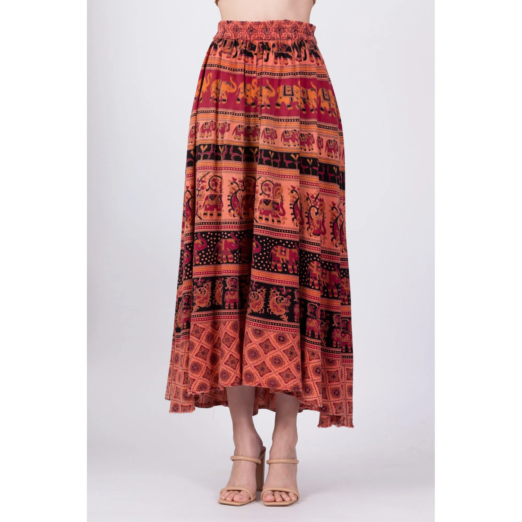 70s Boho Indian Block Print High-Low Skirt - Small to Medium