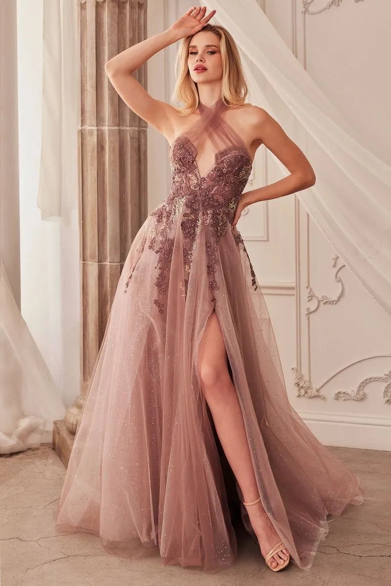 A-Line Layered Tulle Skirt Embroidered Bodice Long Prom Dress CDA1236