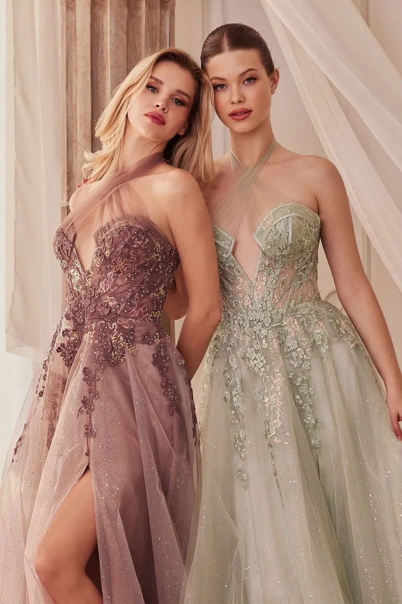 A-Line Layered Tulle Skirt Embroidered Bodice Long Prom Dress CDA1236
