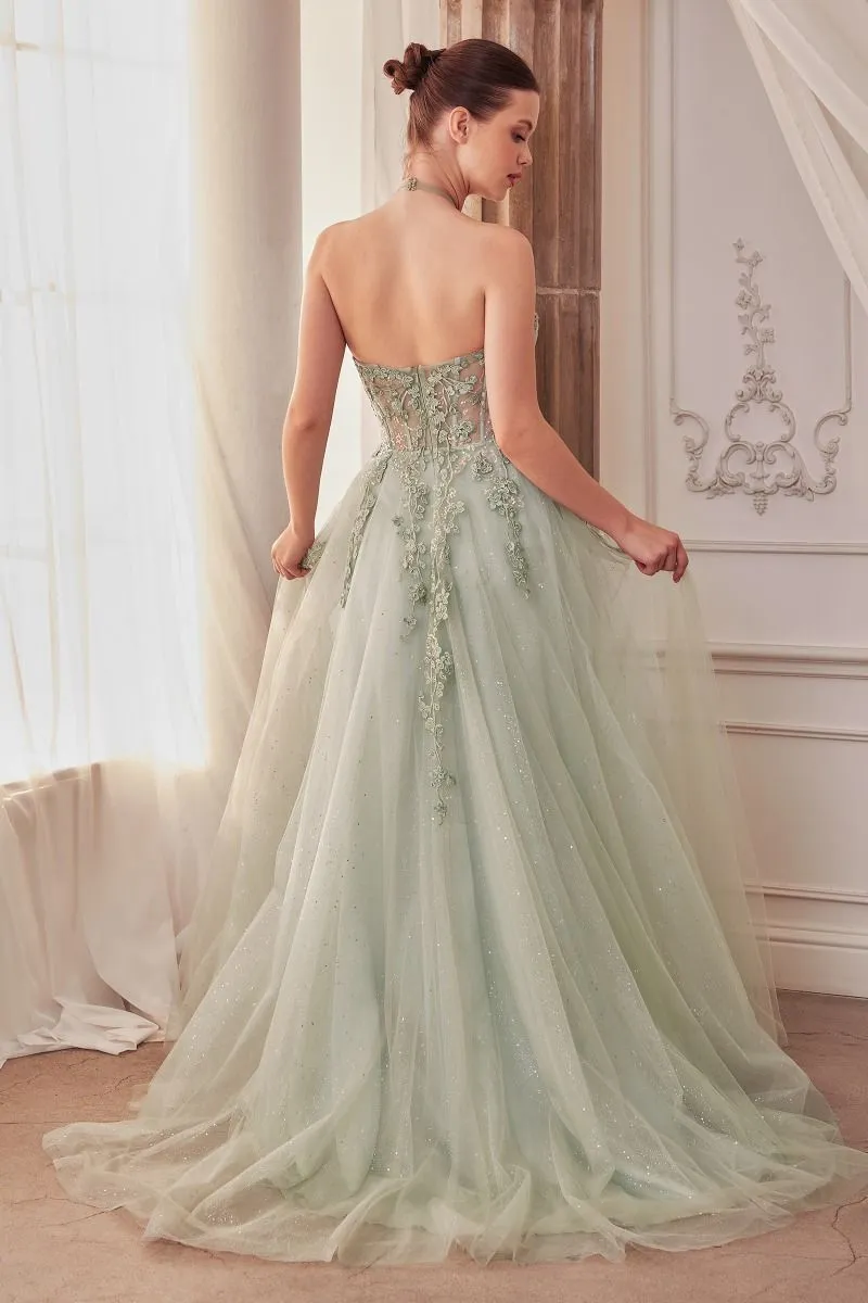 A-Line Layered Tulle Skirt Embroidered Bodice Long Prom Dress CDA1236