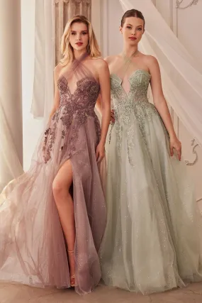 A-Line Layered Tulle Skirt Embroidered Bodice Long Prom Dress CDA1236