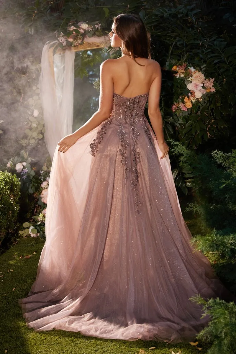 A-Line Layered Tulle Skirt Embroidered Bodice Long Prom Dress CDA1236