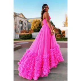 A-line Strapless Tulle Pink Ball Gown Long Prom Dress Evening Gowns