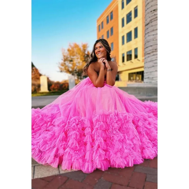 A-line Strapless Tulle Pink Ball Gown Long Prom Dress Evening Gowns