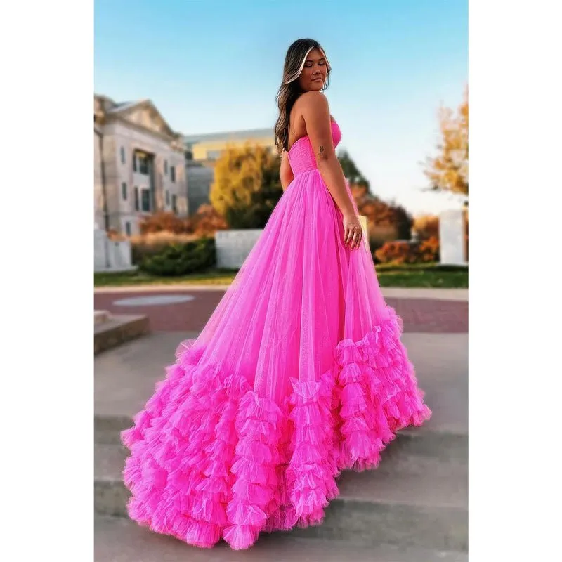 A-line Strapless Tulle Pink Ball Gown Long Prom Dress Evening Gowns