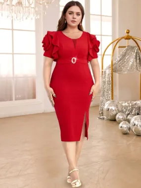AOMEIDRESS Red Fashion Dress O Neck 3D Flower Short Sleeves with Belt