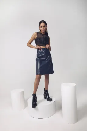 Artificial Leather Midi Skirt in Navy Blue