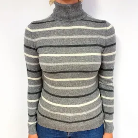 Ash Grey Stripe Cashmere Polo Neck Jumper Small