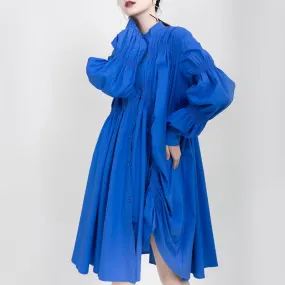 Asymmetrical Pleated Loose Fit Dress New Stand Collar Long Sleeve Loose Fit Fashion Dress