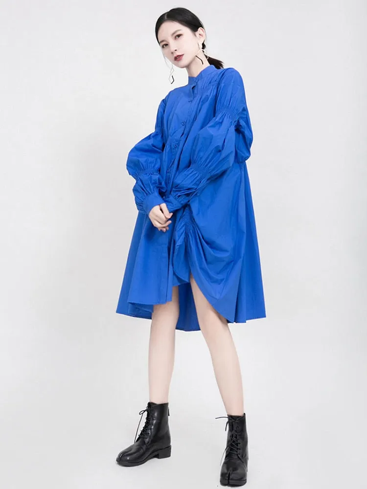 Asymmetrical Pleated Loose Fit Dress New Stand Collar Long Sleeve Loose Fit Fashion Dress