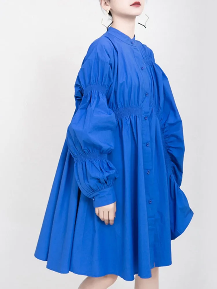Asymmetrical Pleated Loose Fit Dress New Stand Collar Long Sleeve Loose Fit Fashion Dress