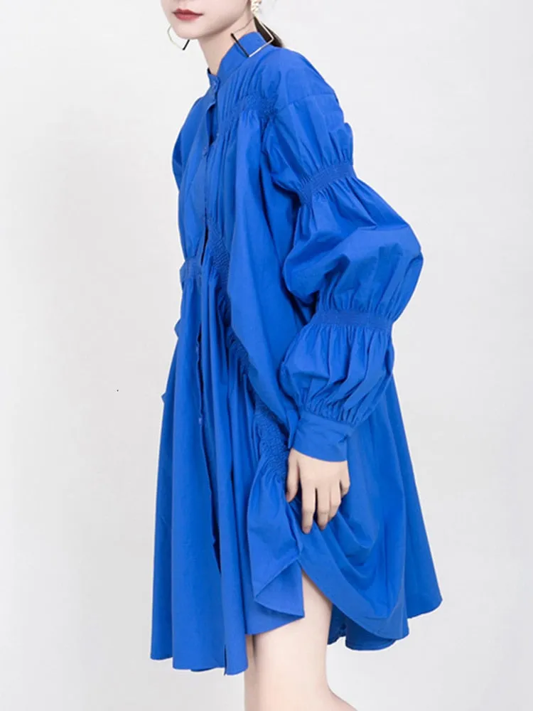 Asymmetrical Pleated Loose Fit Dress New Stand Collar Long Sleeve Loose Fit Fashion Dress