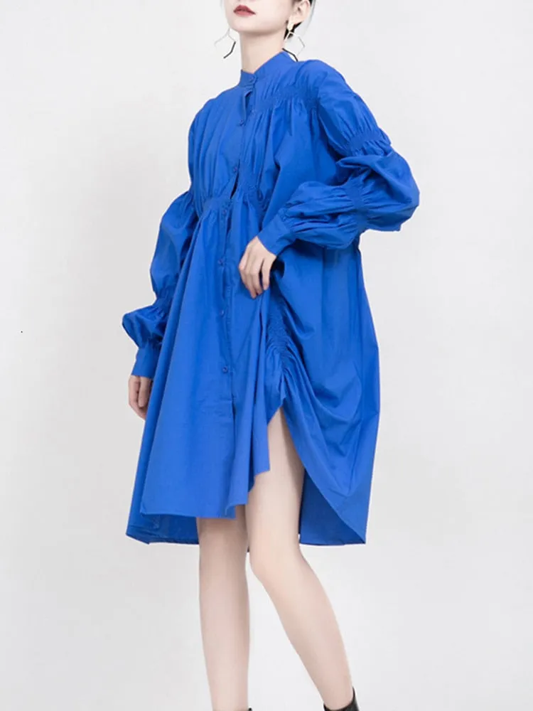 Asymmetrical Pleated Loose Fit Dress New Stand Collar Long Sleeve Loose Fit Fashion Dress