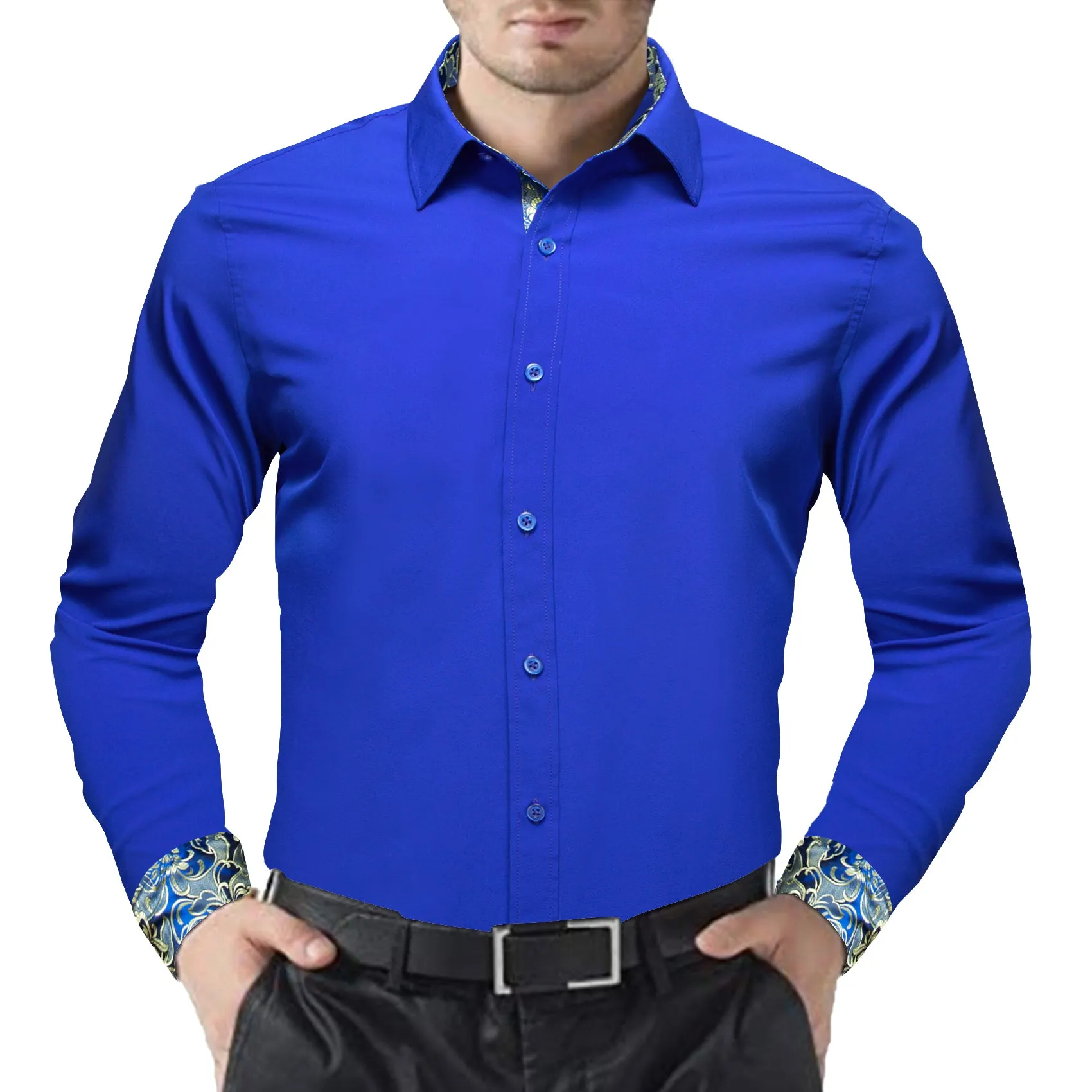 Barry.wang Formal Cobalt Blue Yellow Splicing Men's Business Shirt
