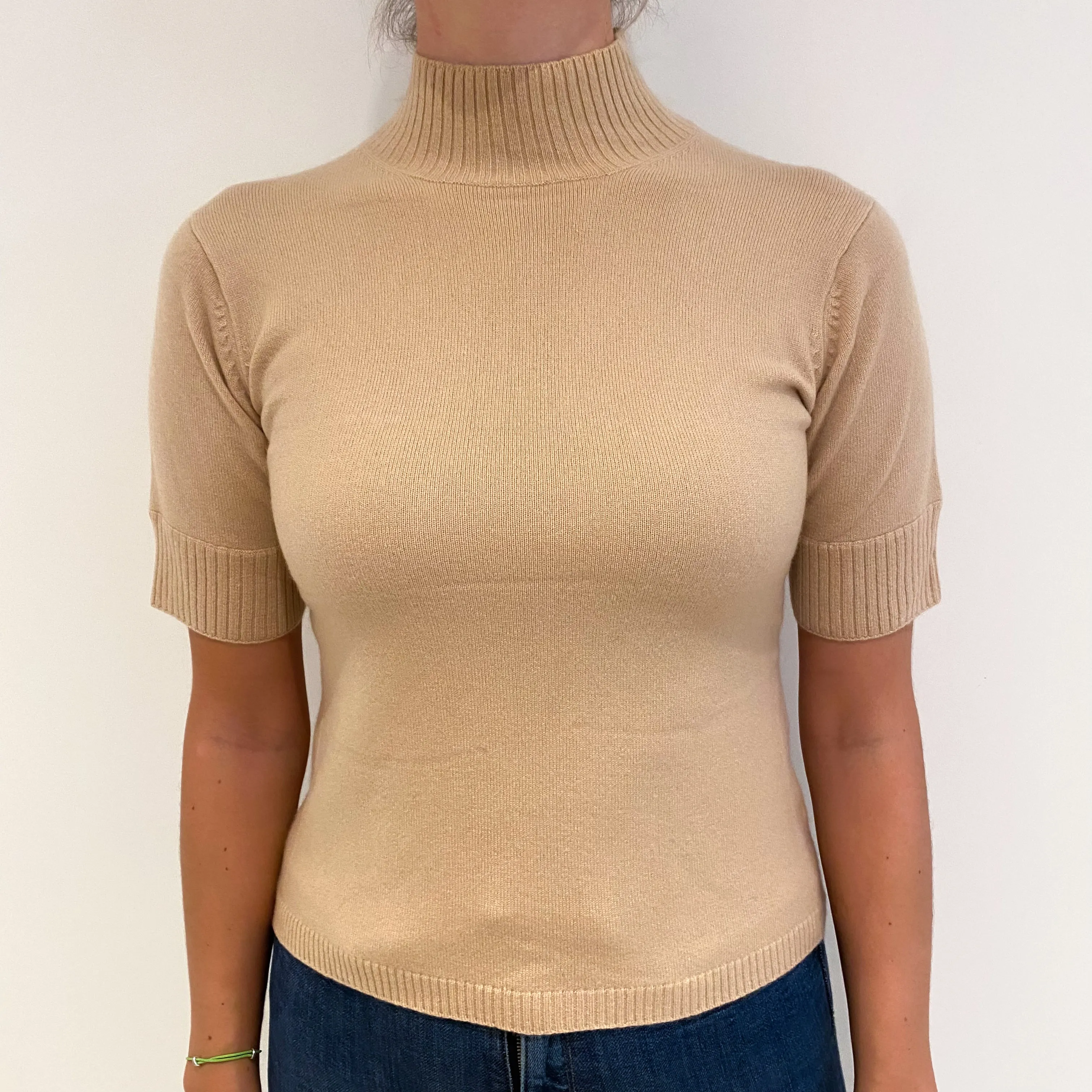 Beige Cashmere Turtle Neck Short Sleeved Jumper Small