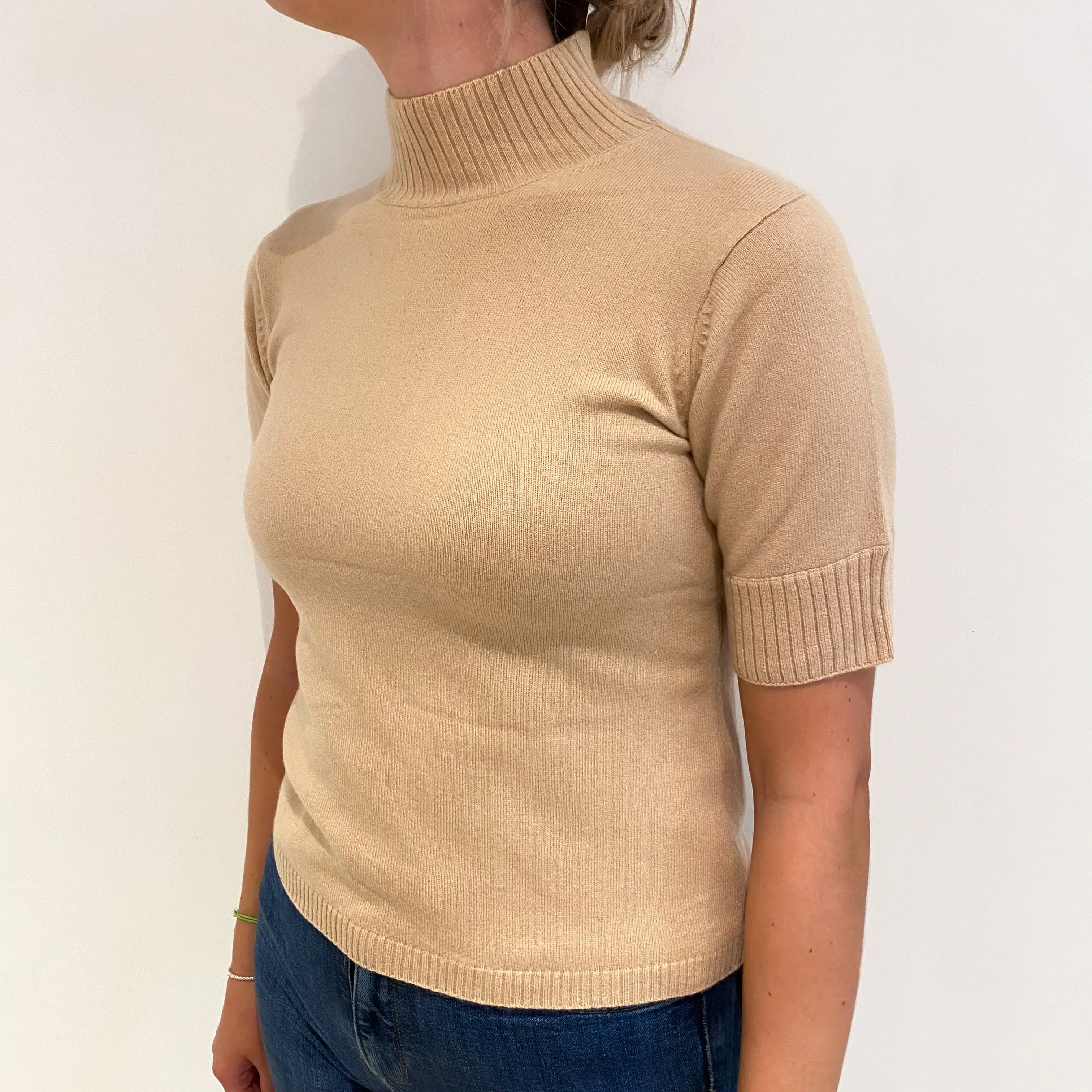Beige Cashmere Turtle Neck Short Sleeved Jumper Small
