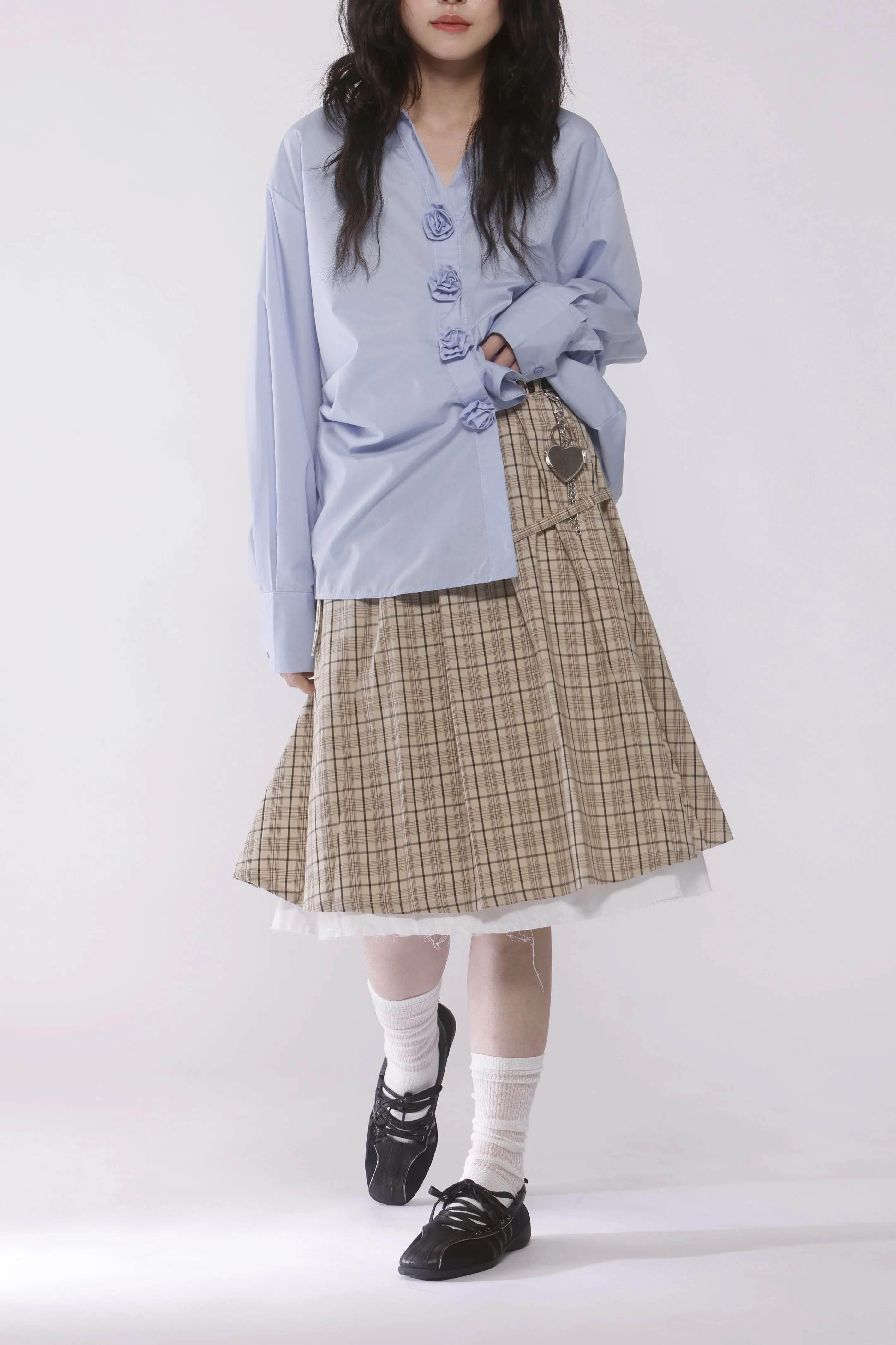 Belted layered pleats midi skirt