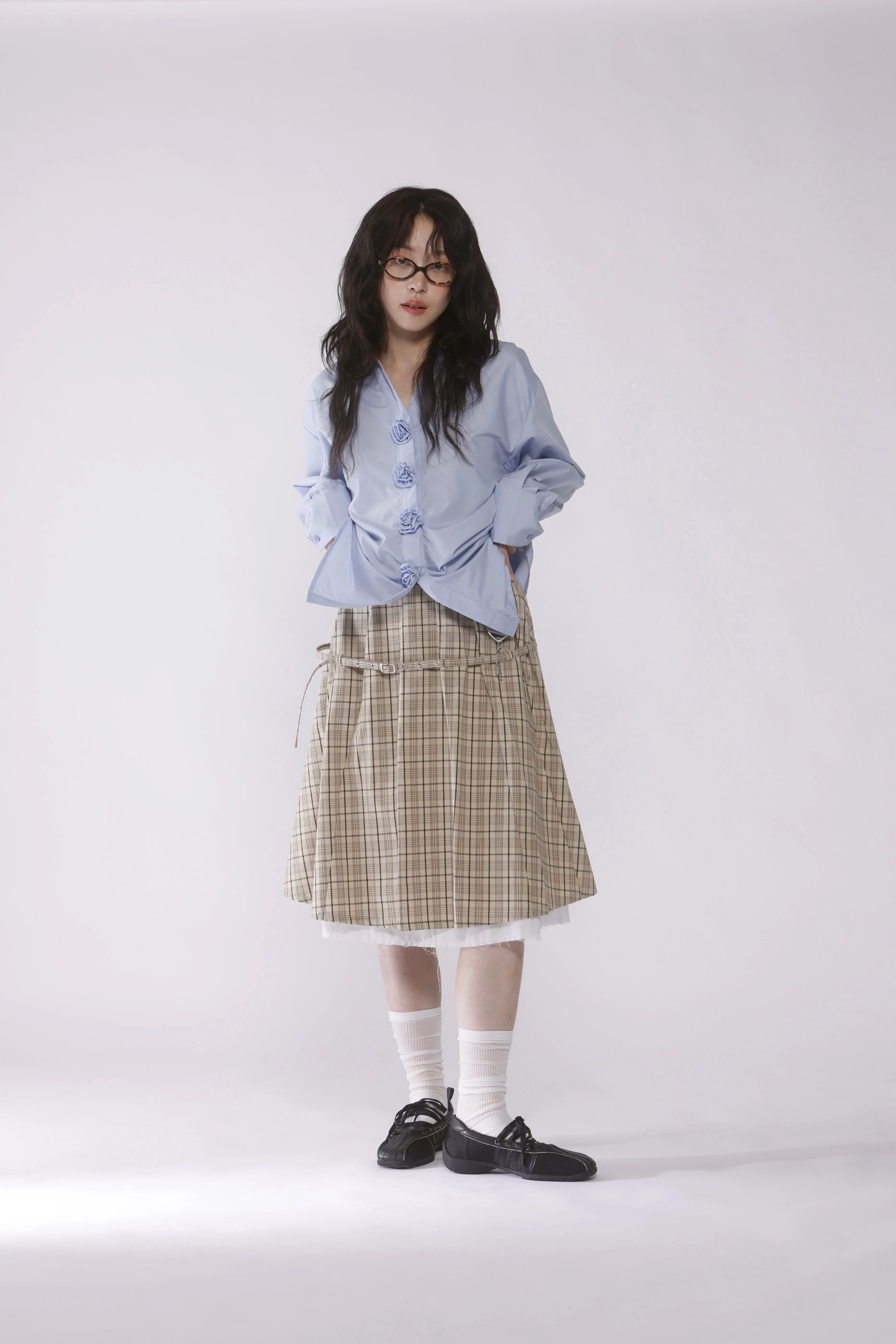 Belted layered pleats midi skirt