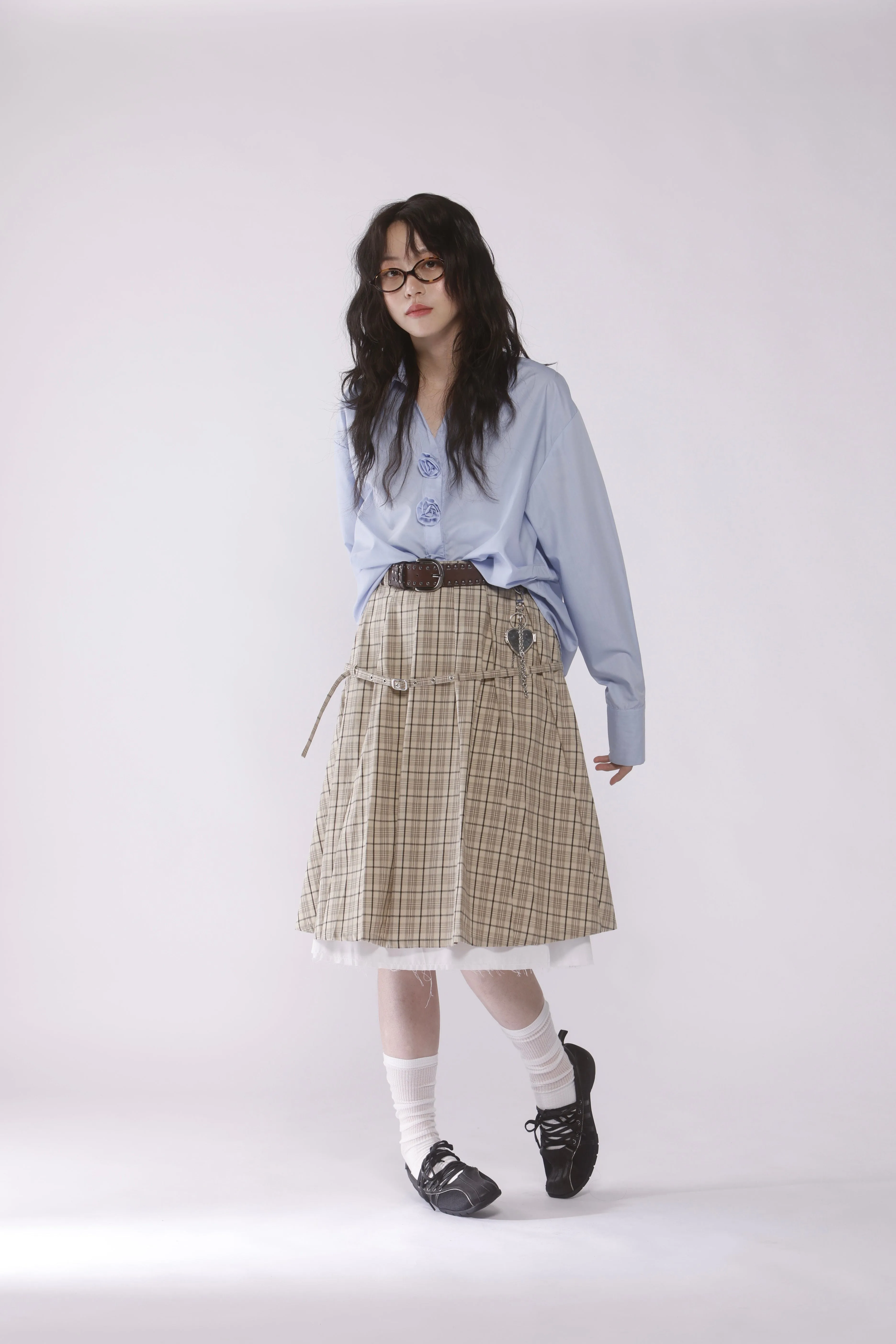 Belted layered pleats midi skirt