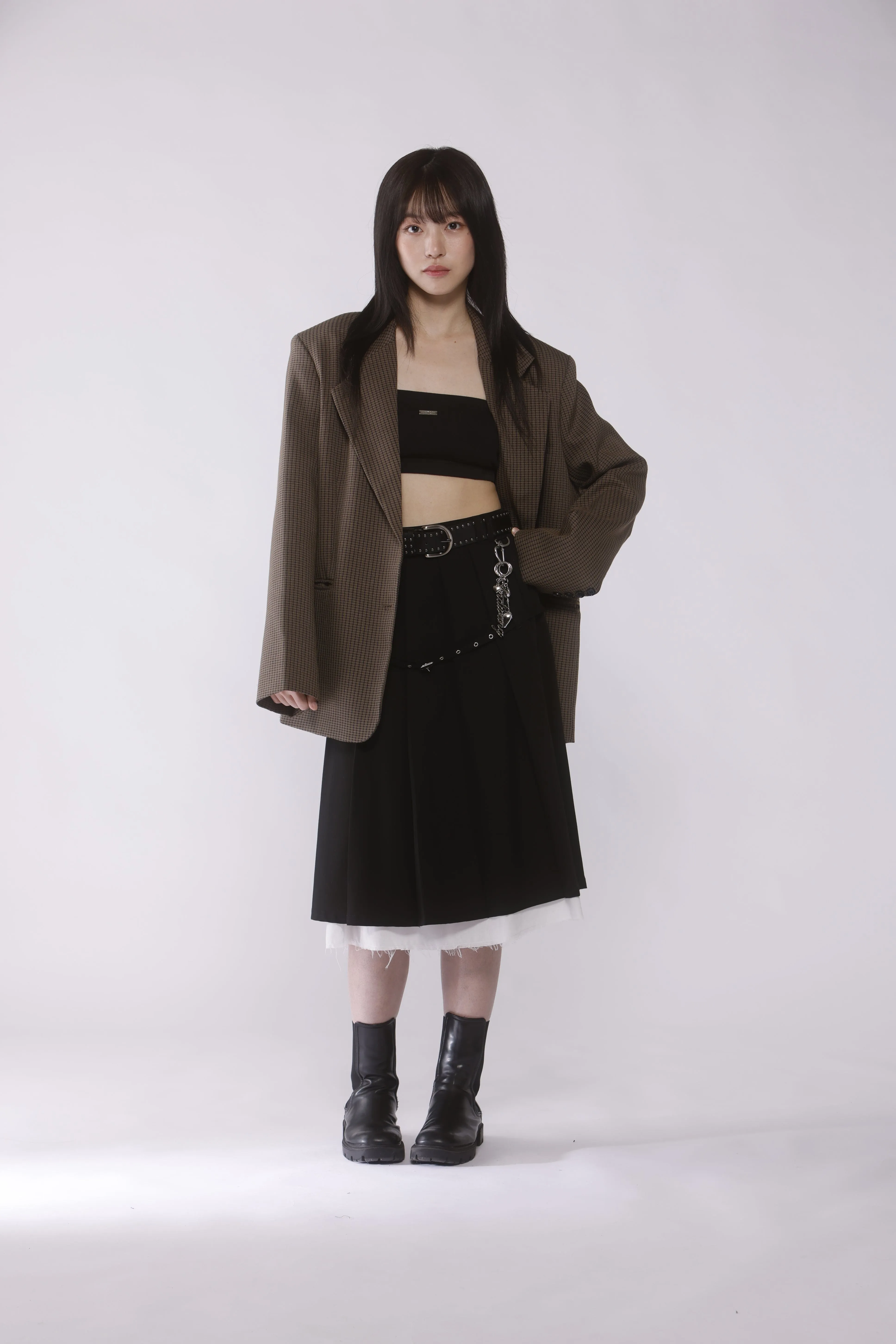 Belted layered pleats midi skirt