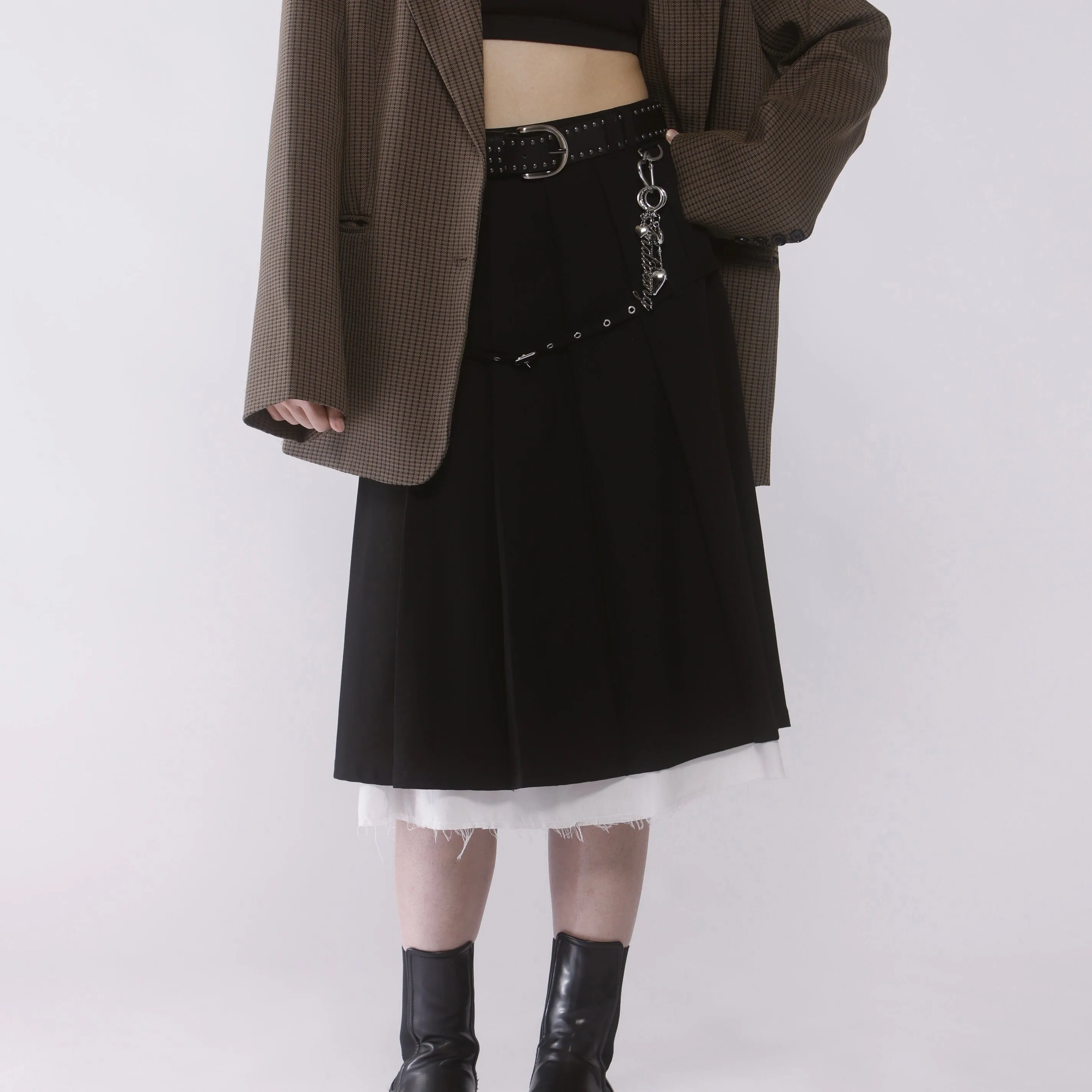 Belted layered pleats midi skirt