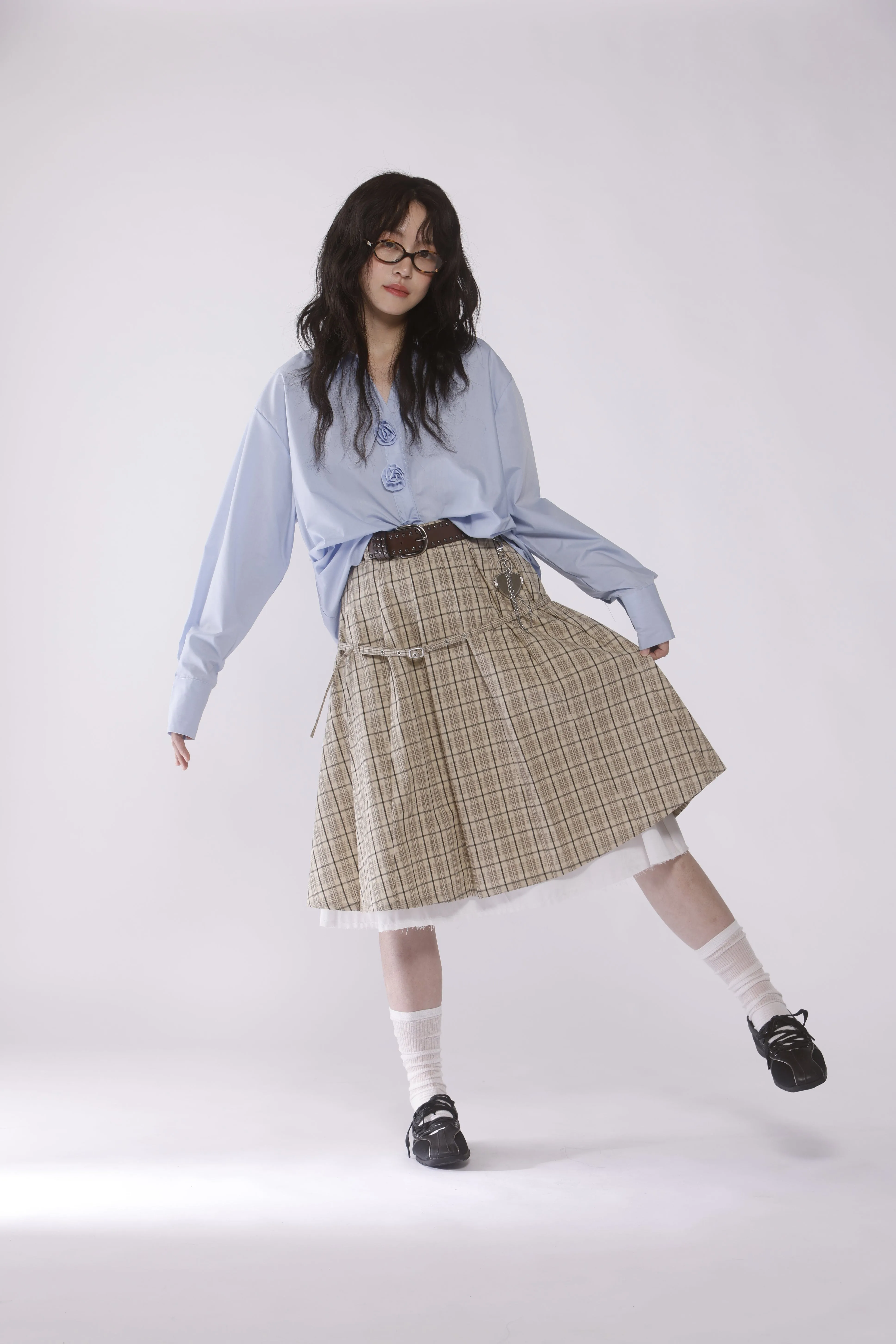 Belted layered pleats midi skirt