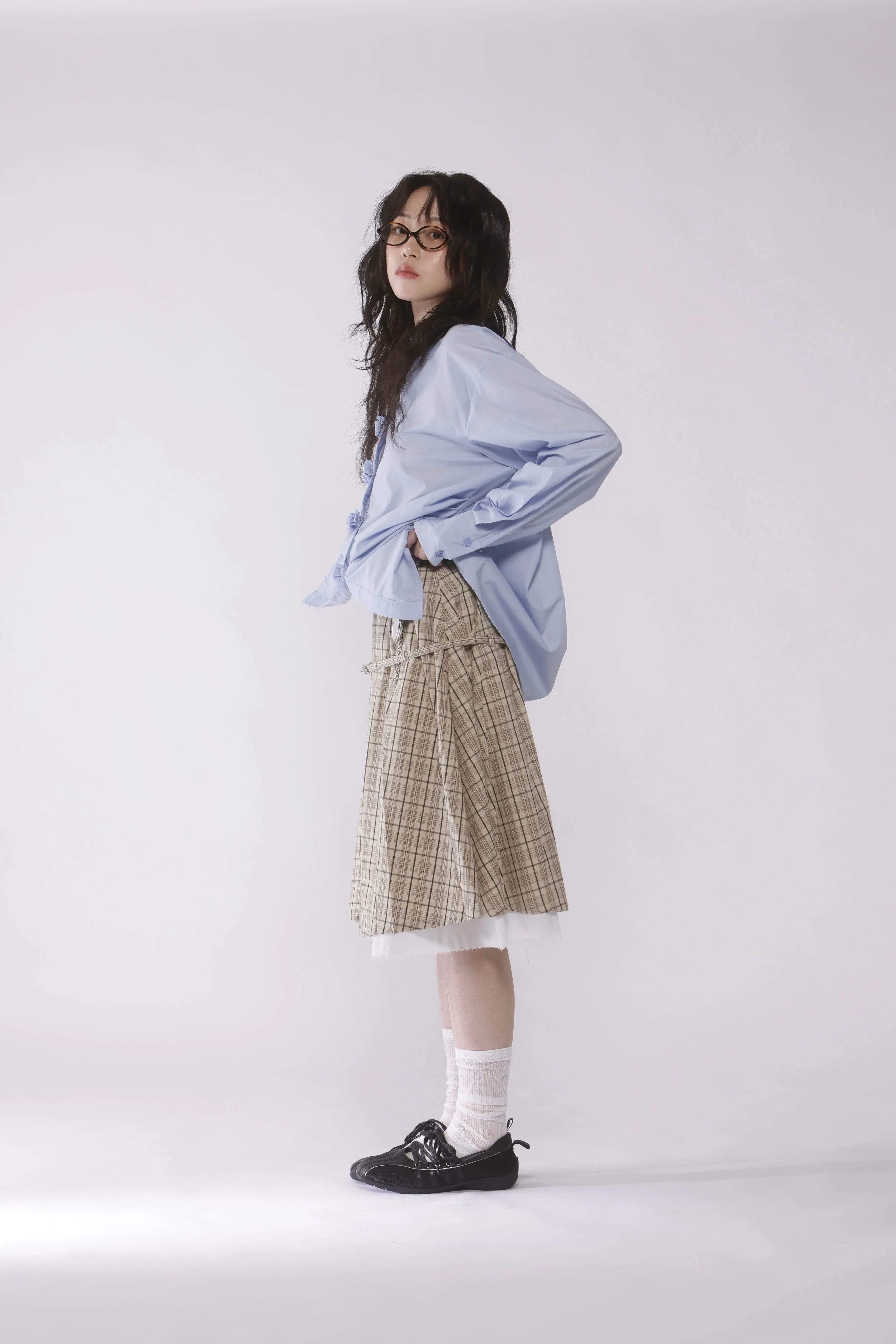 Belted layered pleats midi skirt