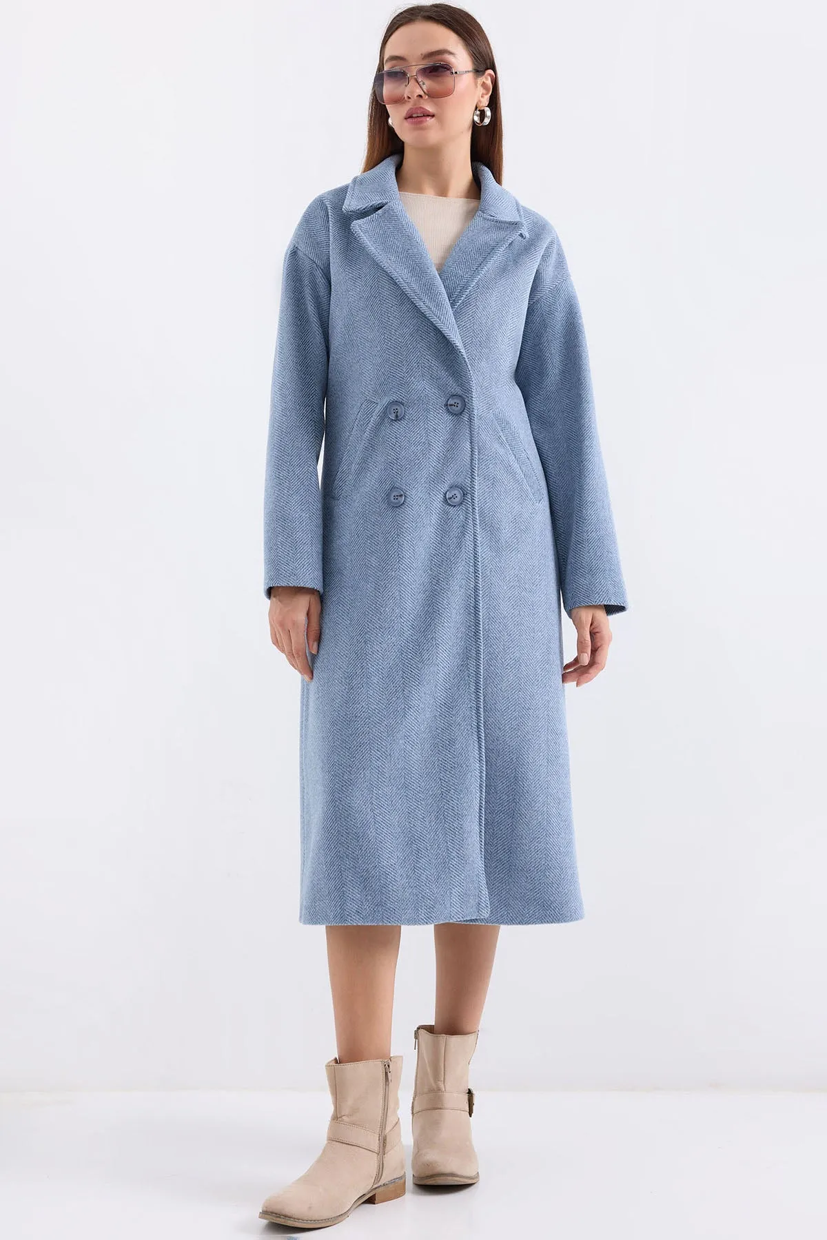 BGD Women Oversize Wide Cut Wool Long Coat - Blue - Lakewood Ranch
