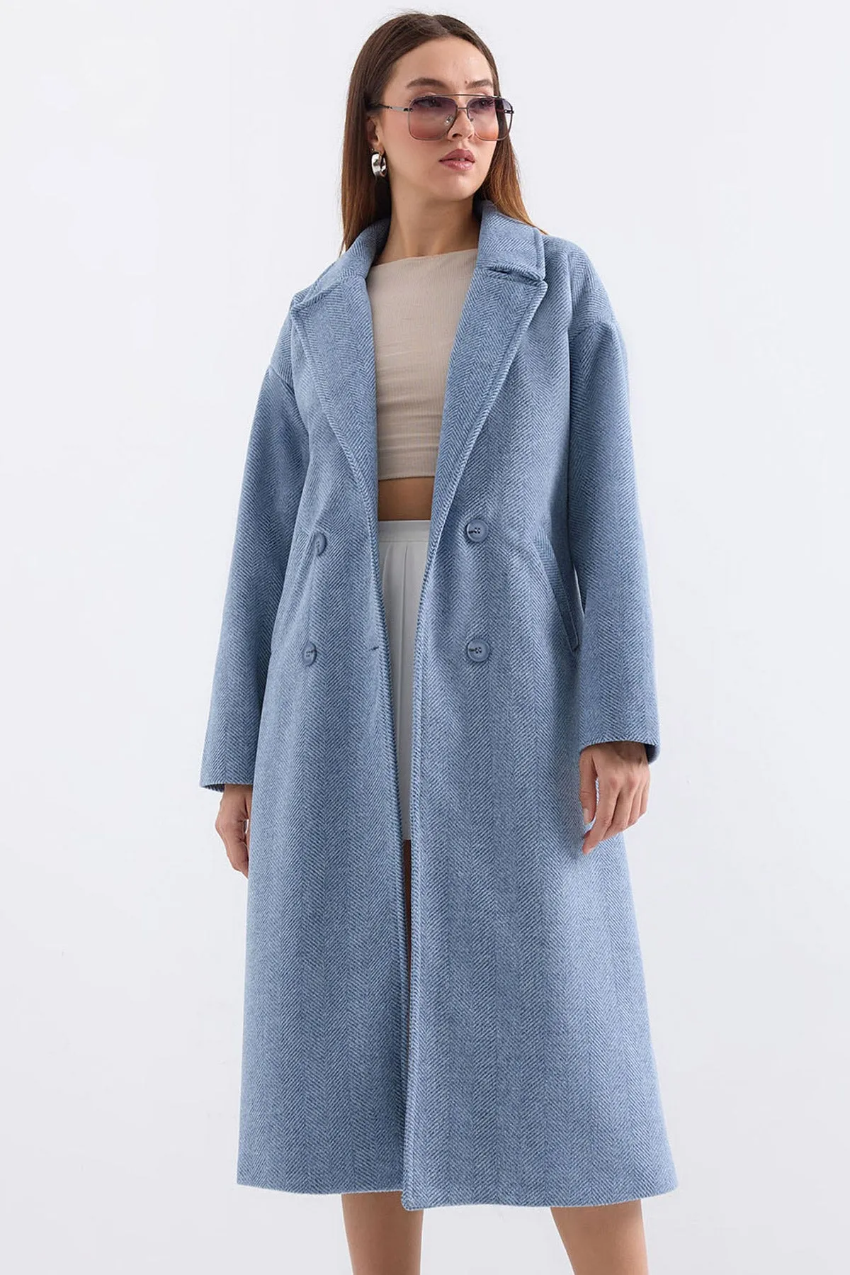 BGD Women Oversize Wide Cut Wool Long Coat - Blue - Lakewood Ranch