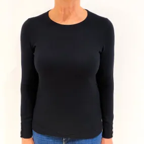 Black Button Cuff Cashmere Crew Neck Jumper Medium