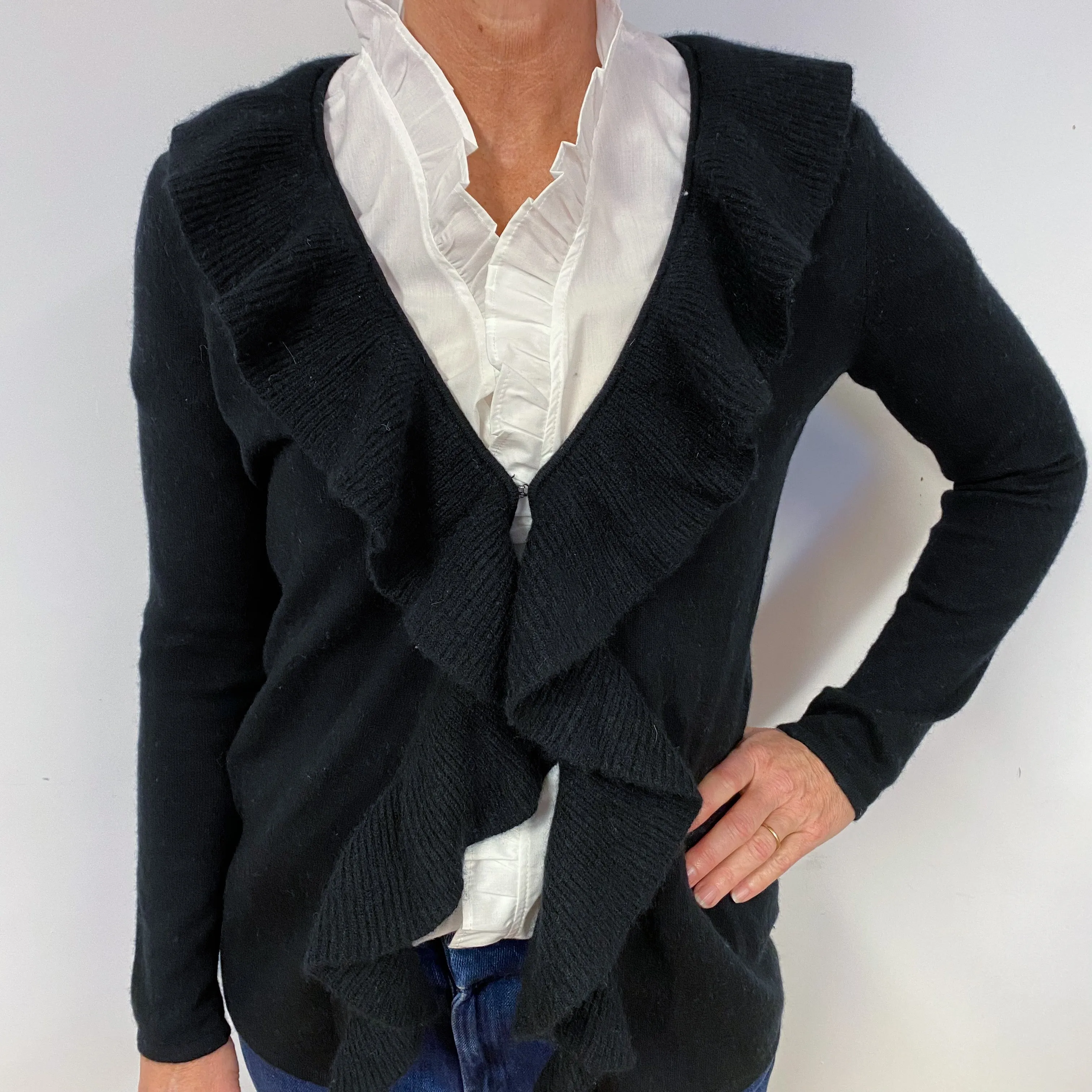 Black Cashmere Frill Trim Cardigan Medium