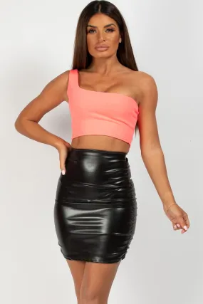 Black Faux Leather Ruched Mini Skirt