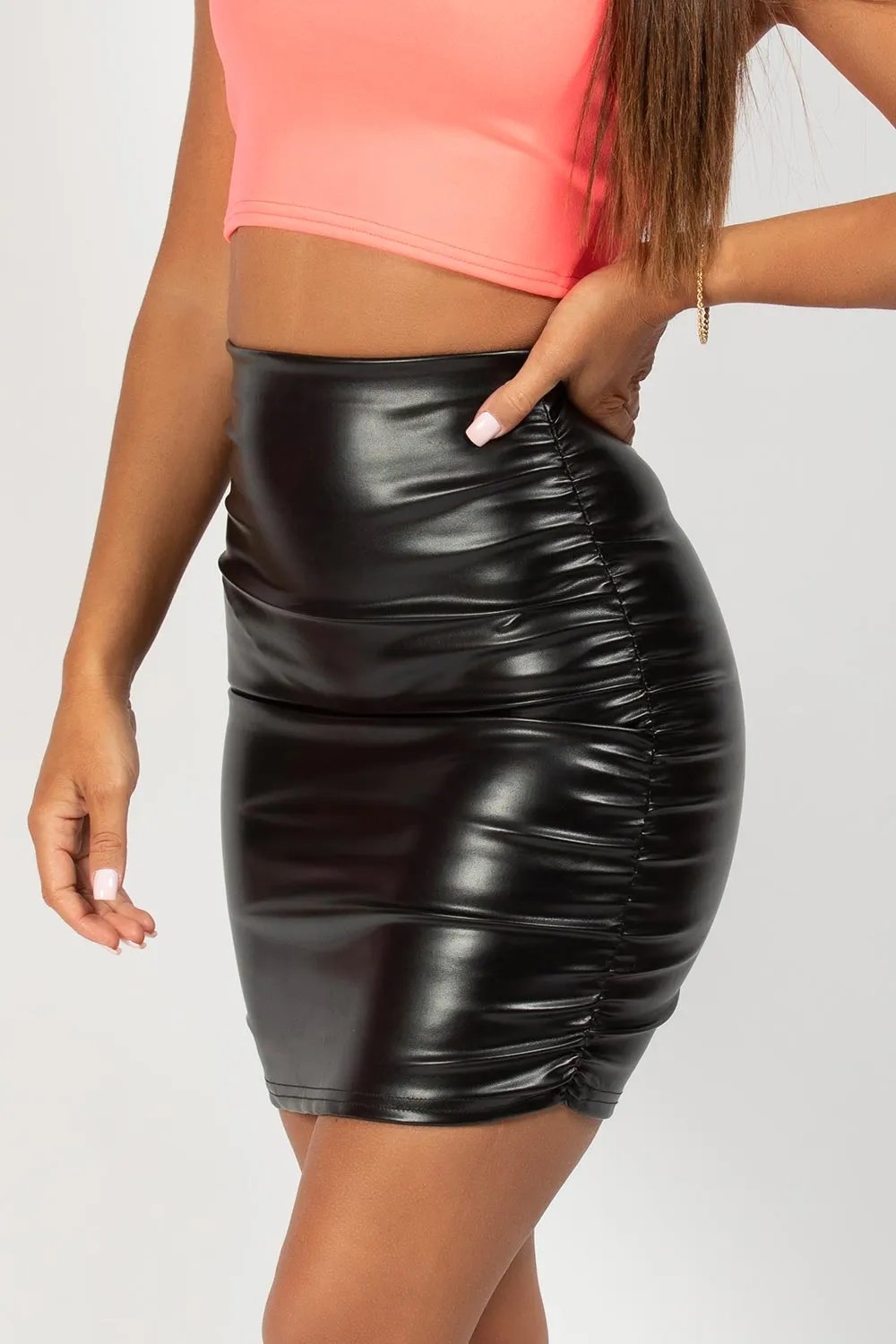 Black Faux Leather Ruched Mini Skirt