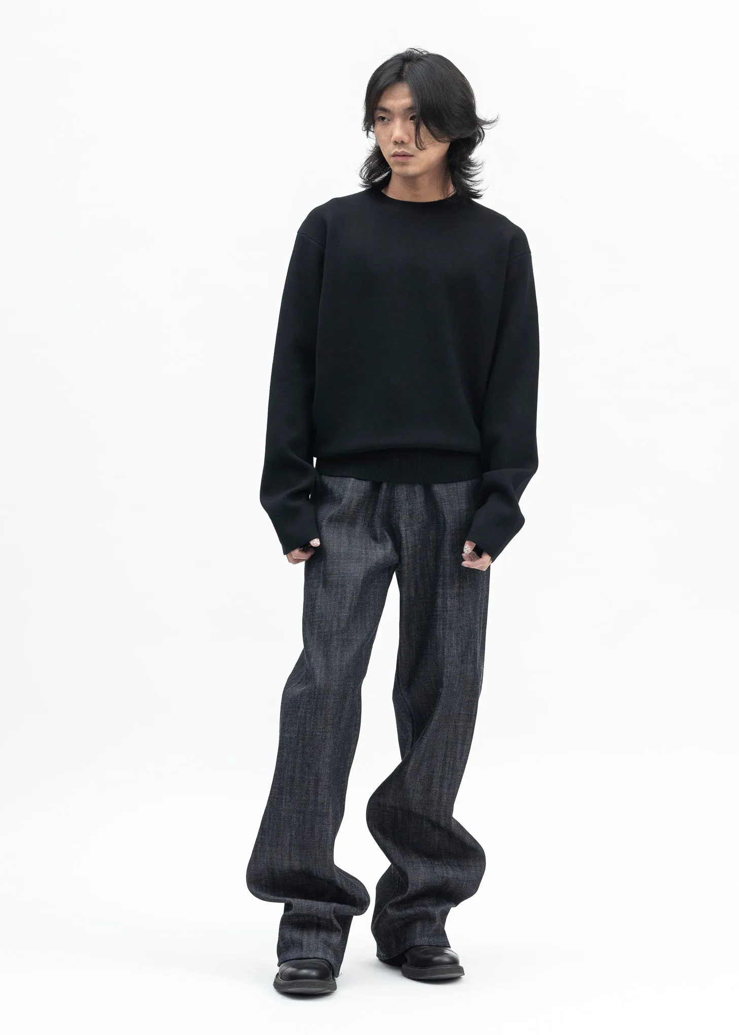 BLACK KNITTED CREWNECK JUMPER