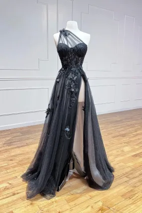 Black One Shoulder Lace Long Prom Dress