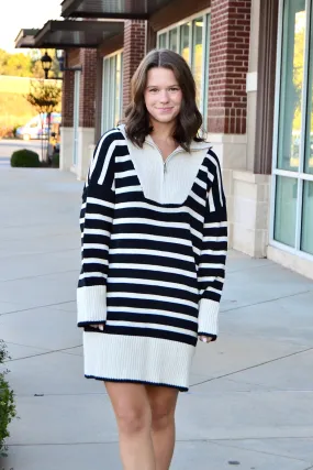 Black striped collared sweater dress