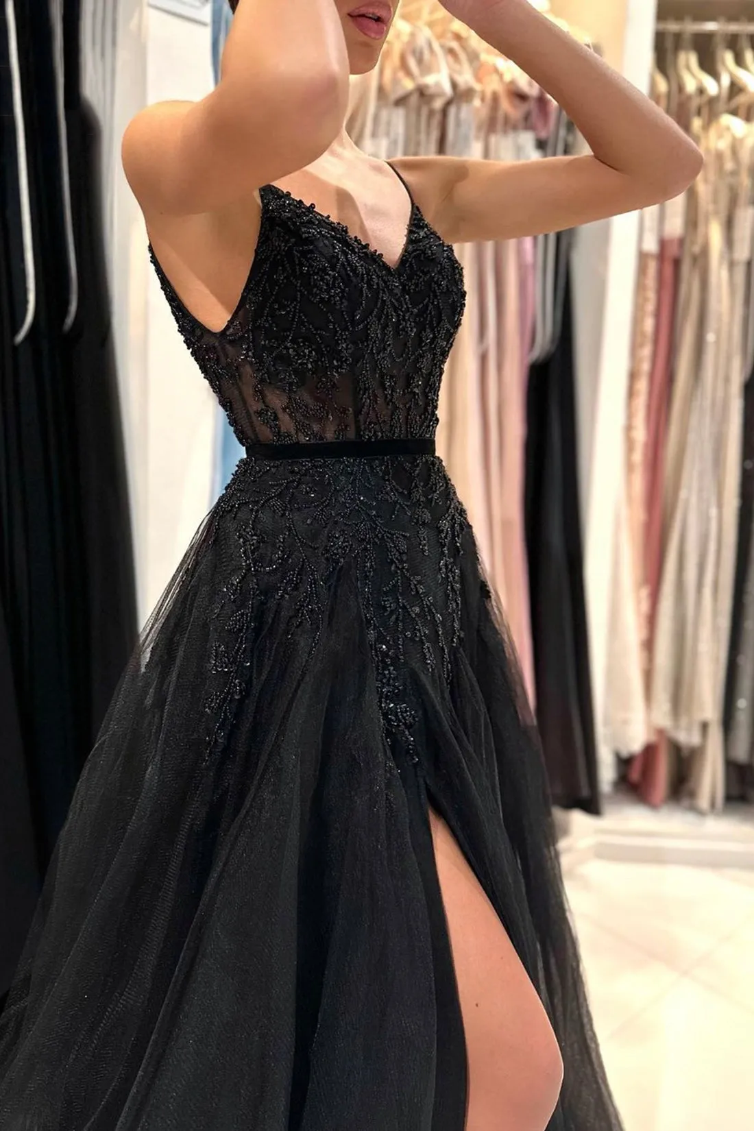 Black V-Neck Tulle Beaded Long Prom Dress, A-Line Spaghetti Straps Evening Dress