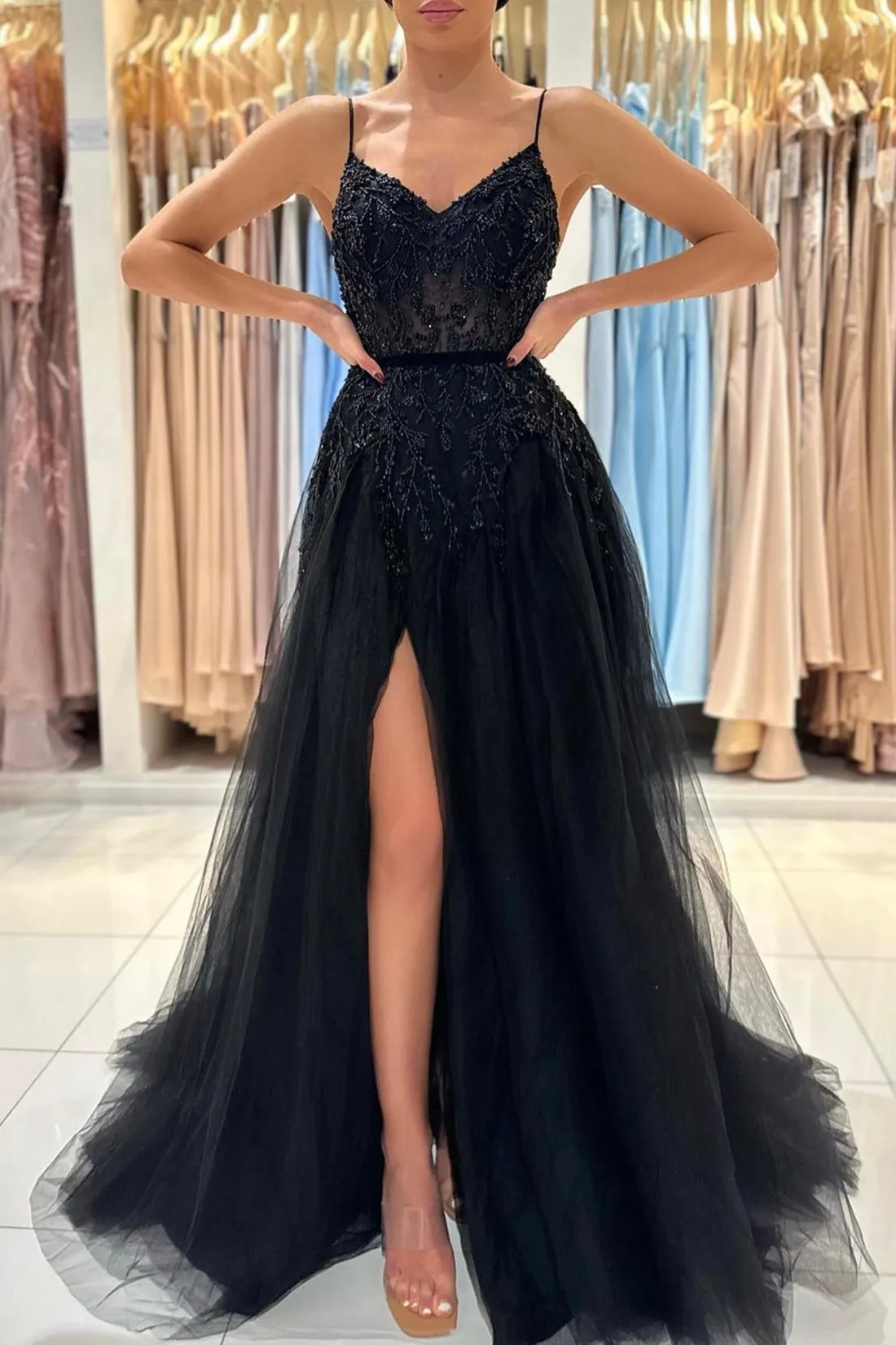 Black V-Neck Tulle Beaded Long Prom Dress, A-Line Spaghetti Straps Evening Dress
