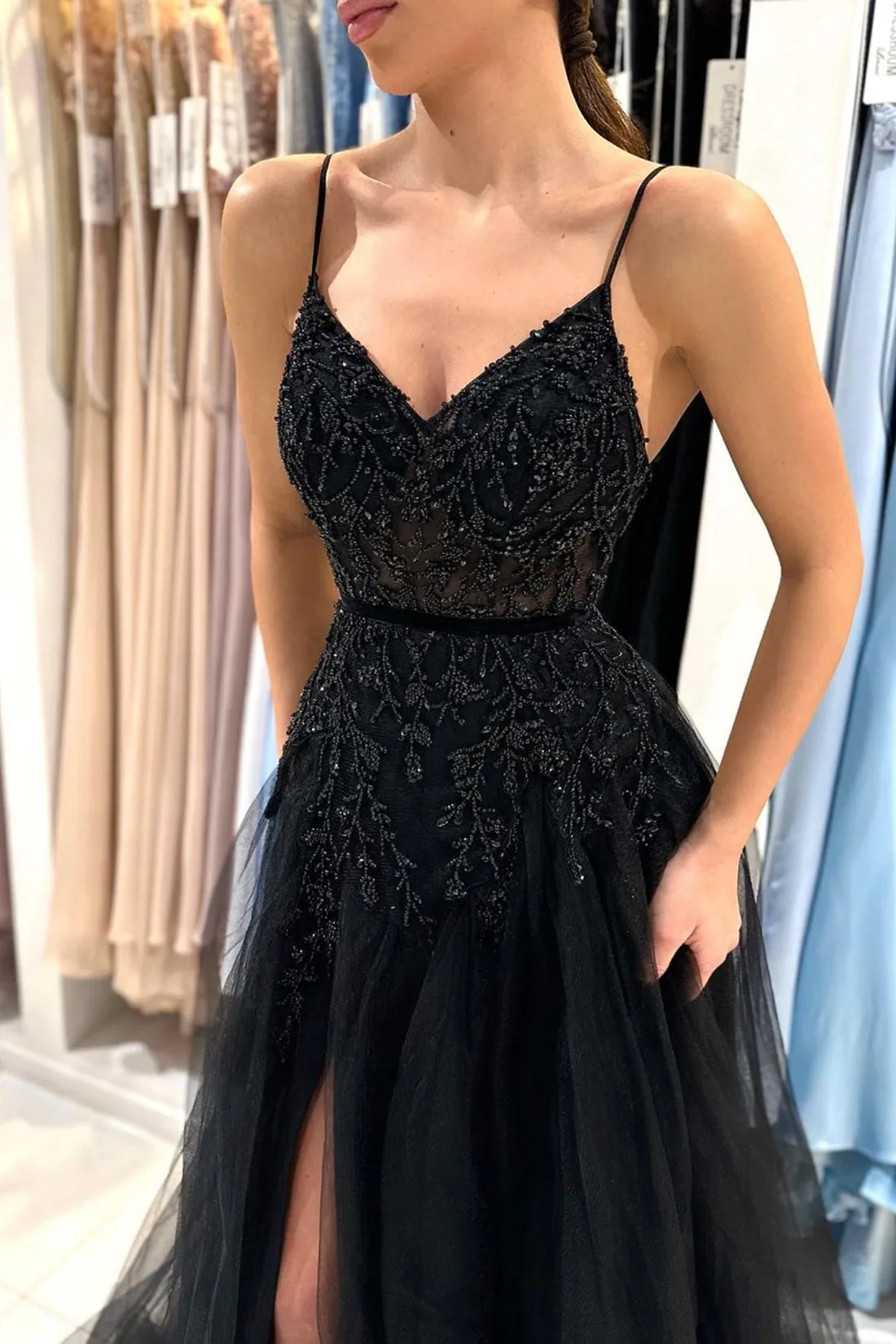 Black V-Neck Tulle Beaded Long Prom Dress, A-Line Spaghetti Straps Evening Dress