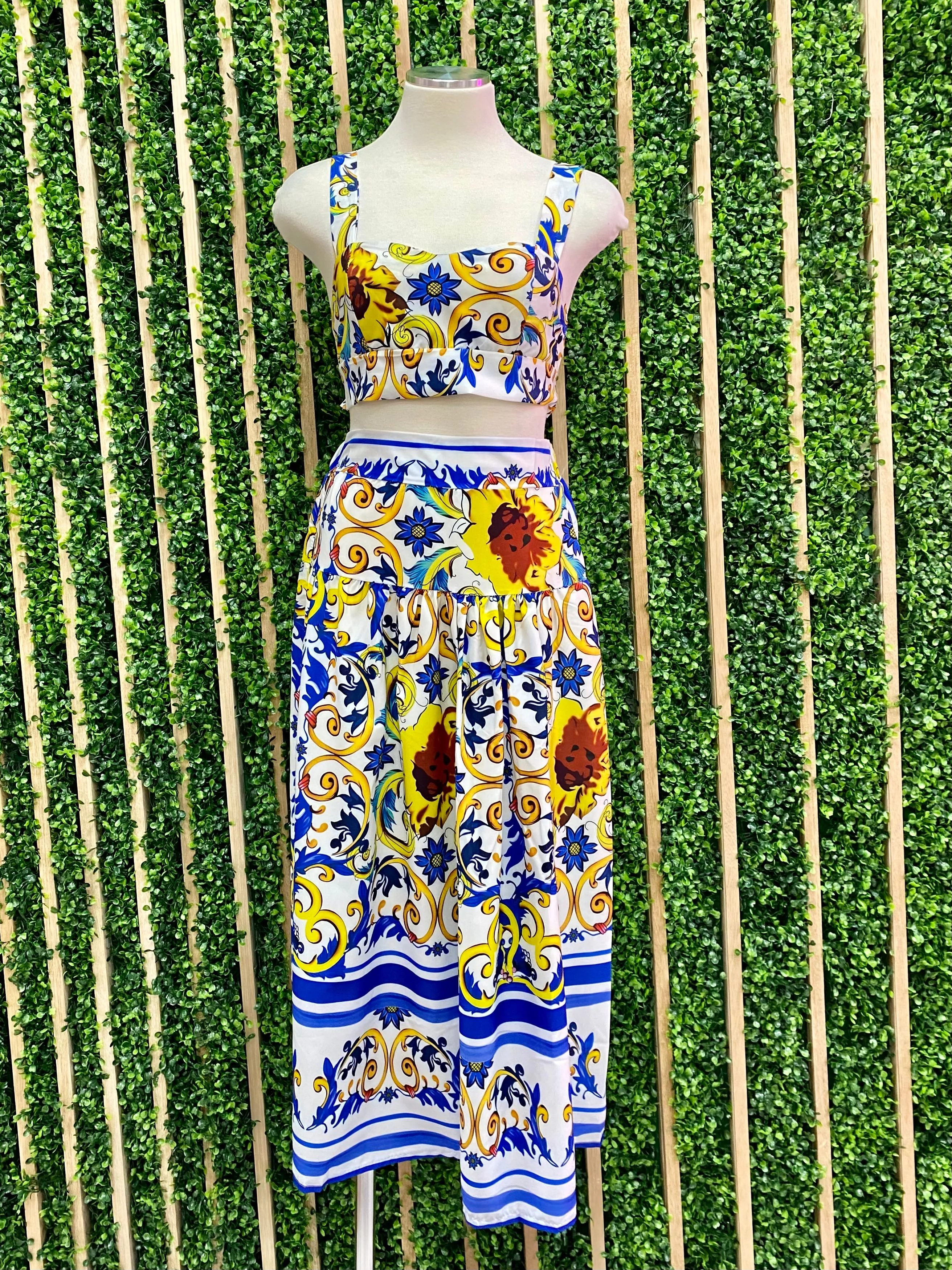 Blue Barroque Print Midi Skirt Set