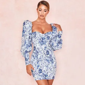 Blue Puff Sleeve Strapless Floral Bodycon Dress