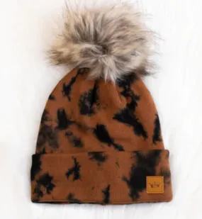 Brown and Black Tie Dye Knit Hat with Fur Pom
