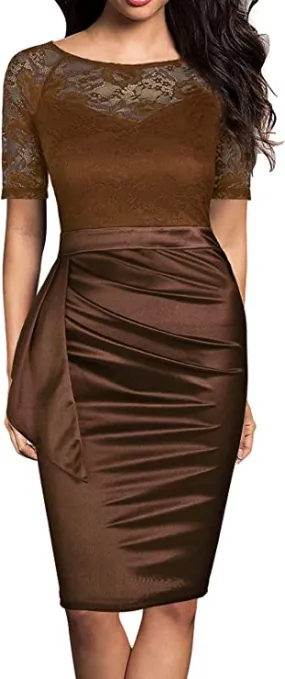 Brown Women's Short Sleeve Colorblock Sheath Pencil Business Church Dress - Mmondschein
