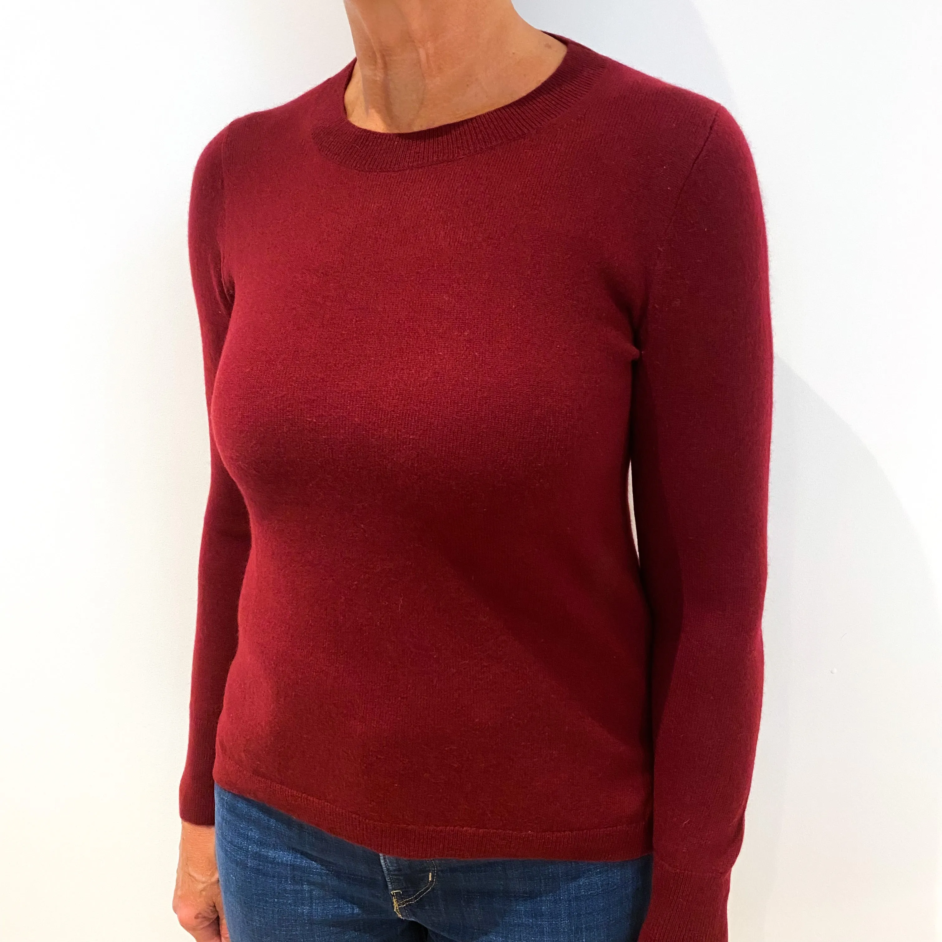 Burgundy Red Split Hem Cashmere Crew Neck Jumper Medium