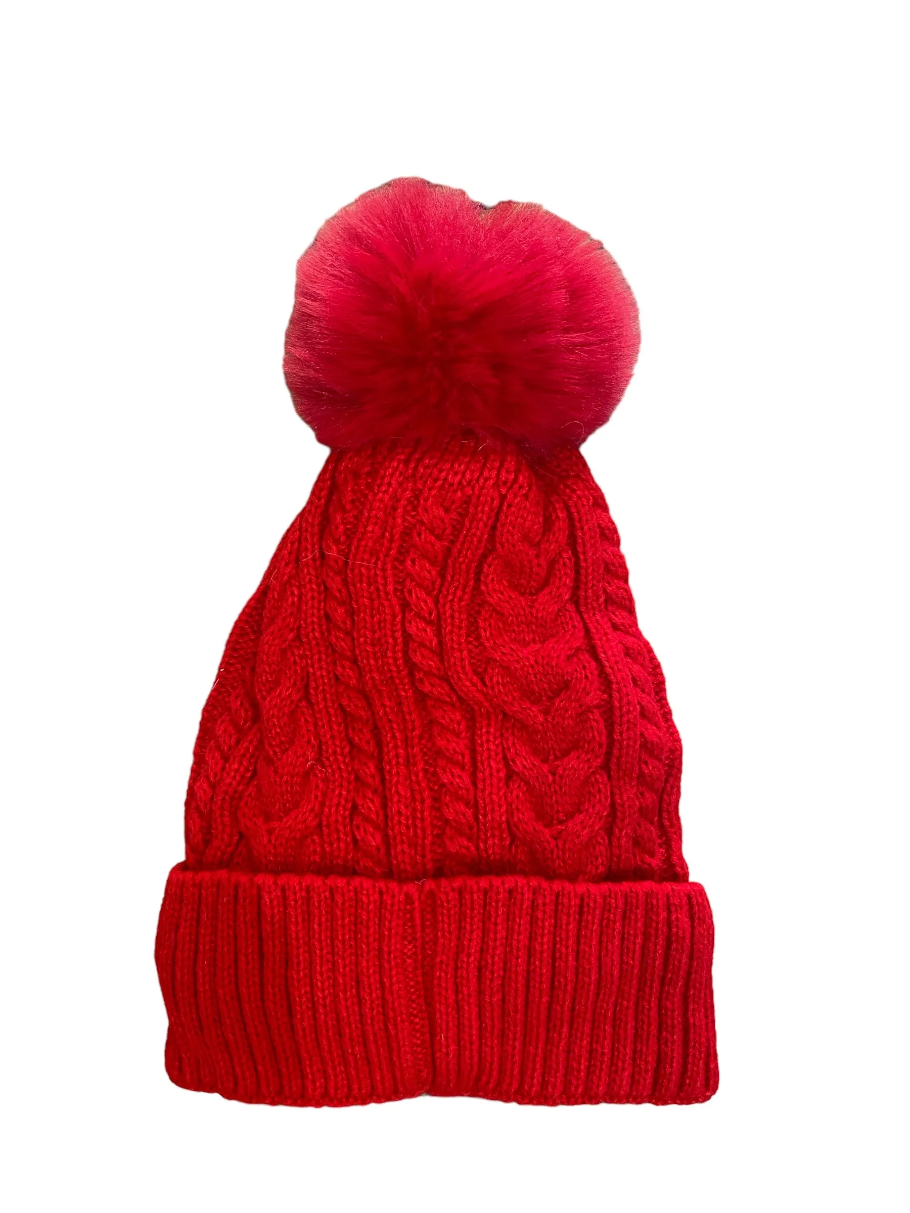 Cable Knit Plain Pom Pom Hat With Fleece Lining (7 Colours)
