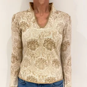 Camel Brown and Cream Floral Cashmere V Neck Jumper with a Mandearin Collar Small
