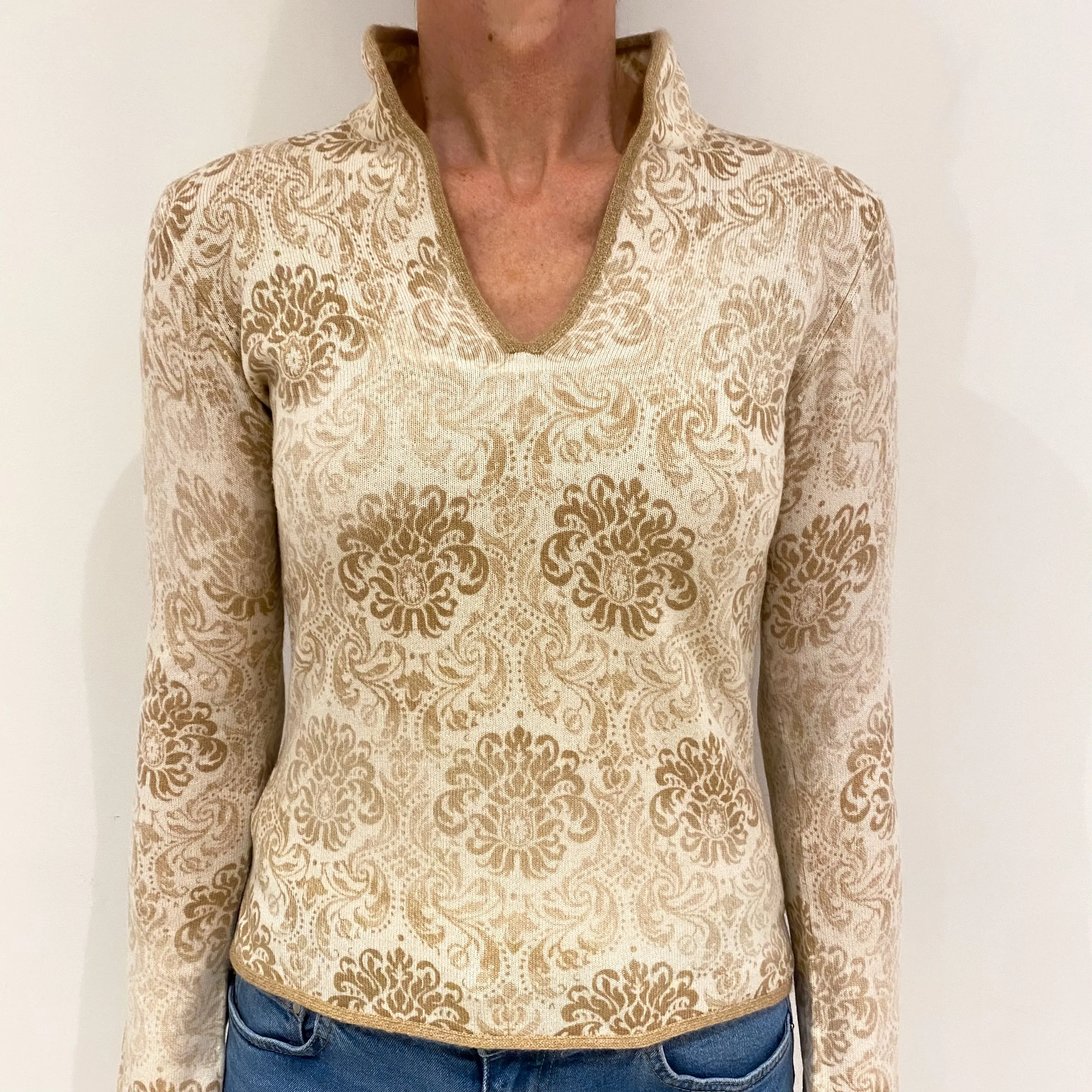 Camel Brown and Cream Floral Cashmere V Neck Jumper with a Mandearin Collar Small