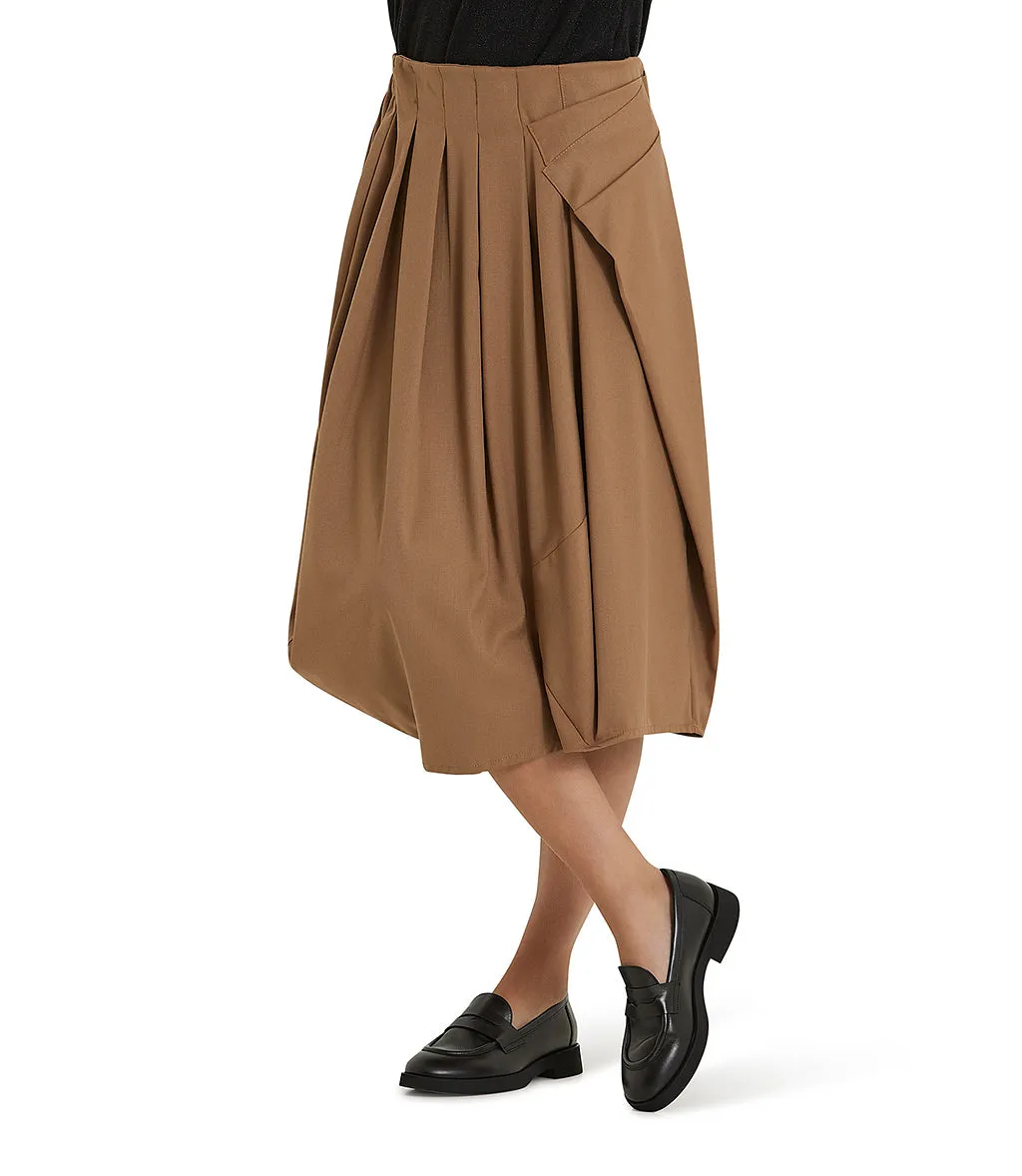 Camel color asymmetric pleated midi skirt